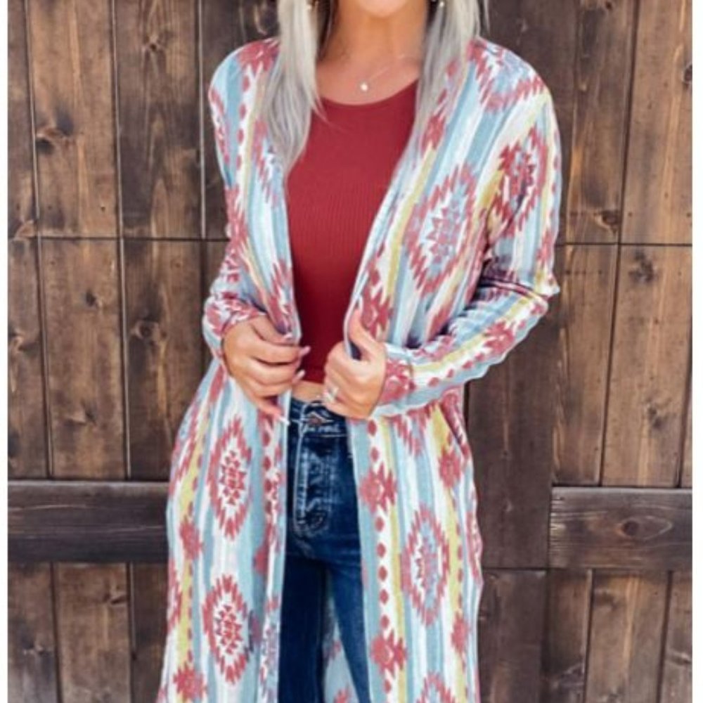 Long Open Front Aztec Cardigan